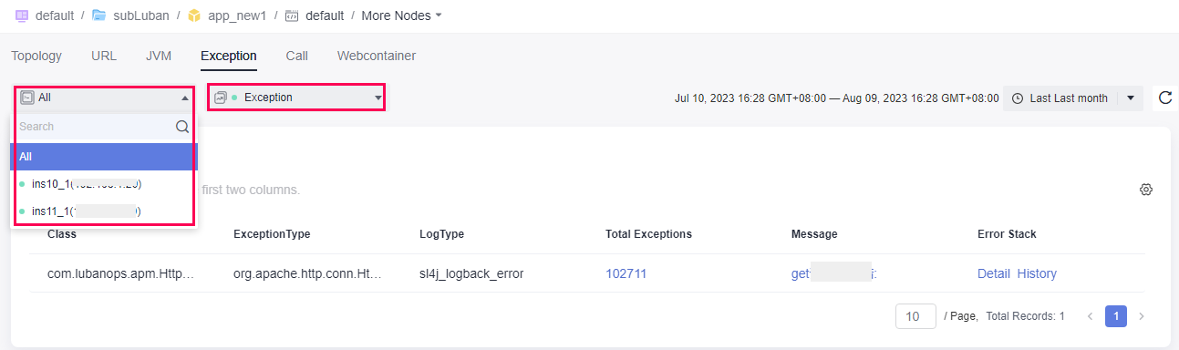 **Figure 2** Selecting a target instance and exception