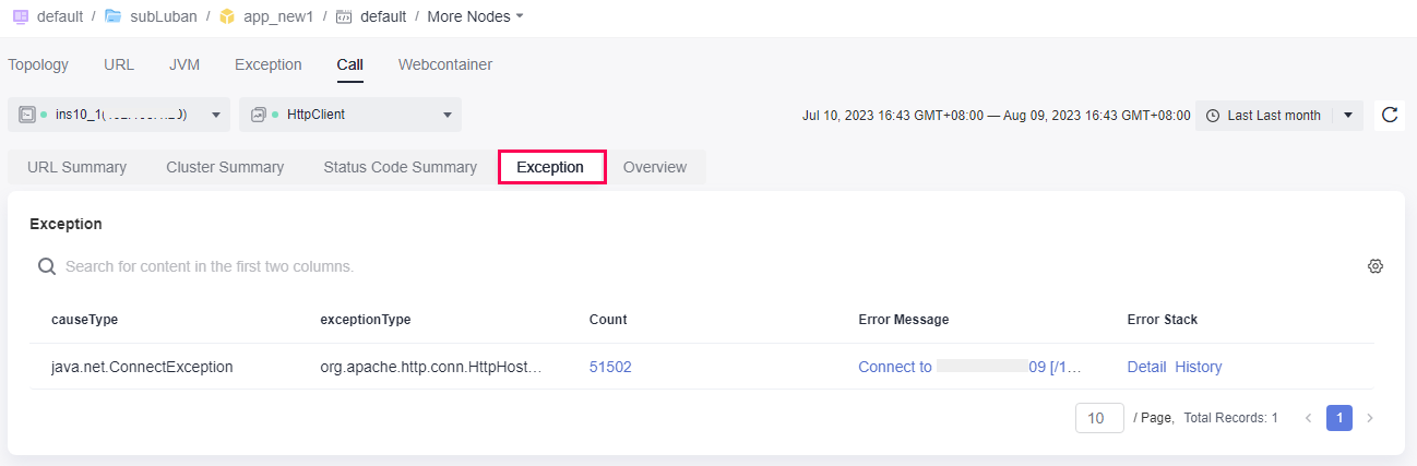 **Figure 7** HttpClient monitoring exceptions