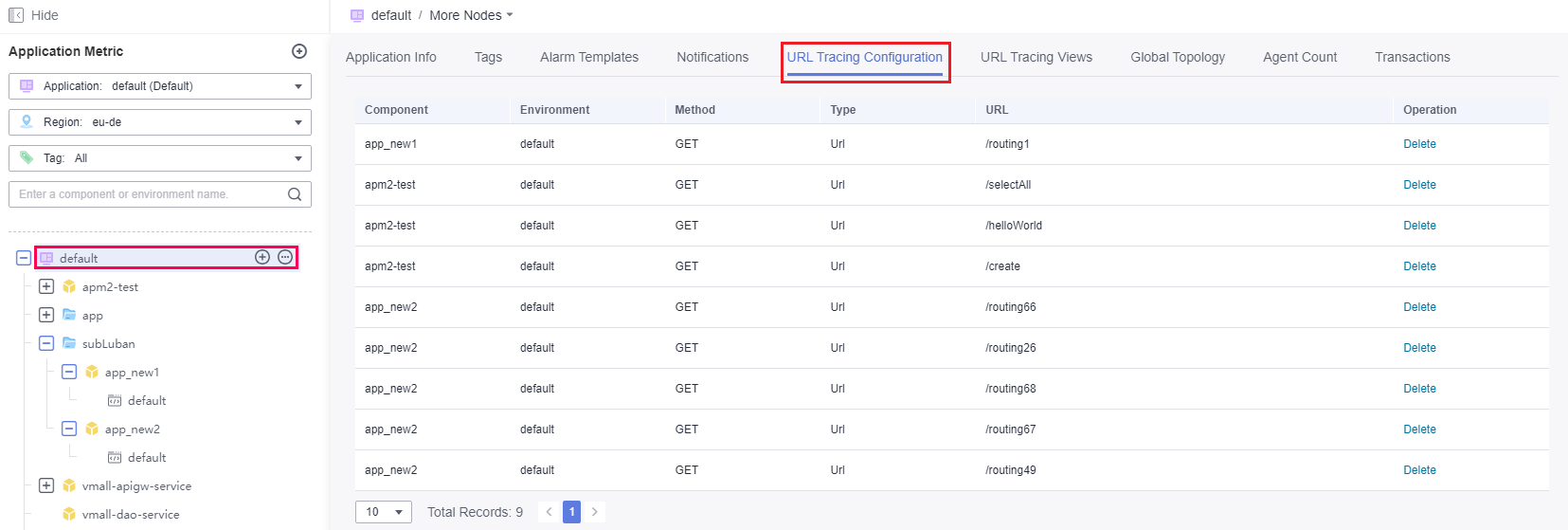 **Figure 4** Viewing the URL tracing configuration list