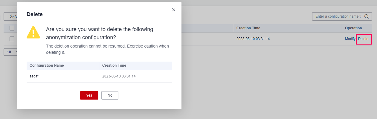 **Figure 6** Deleting the data masking configuration