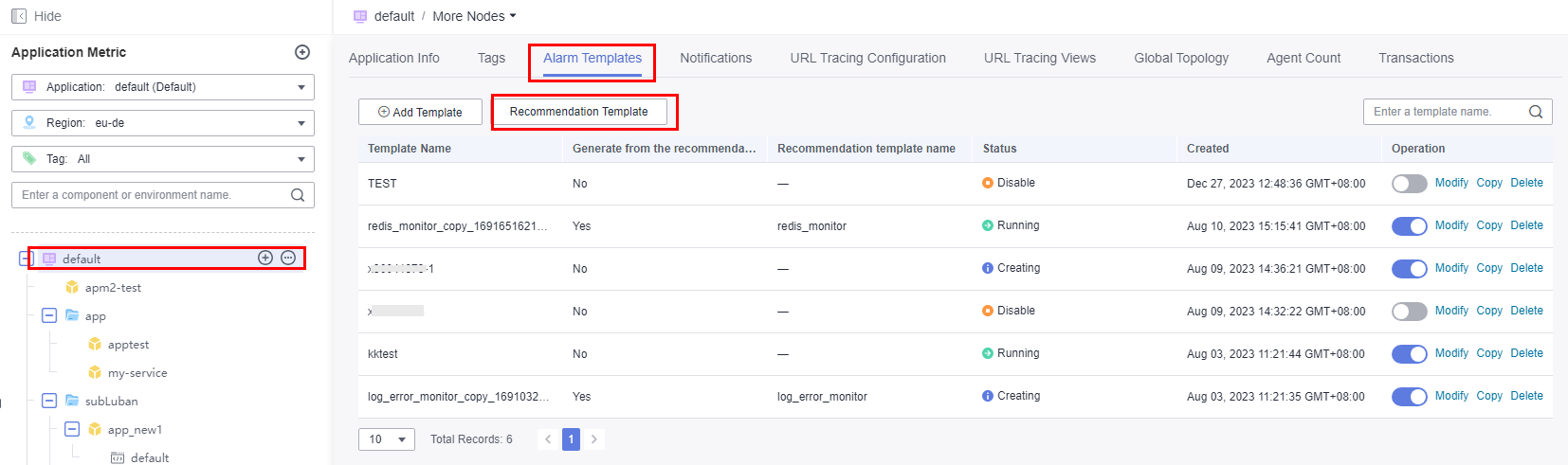 **Figure 1** Viewing recommended alarm templates