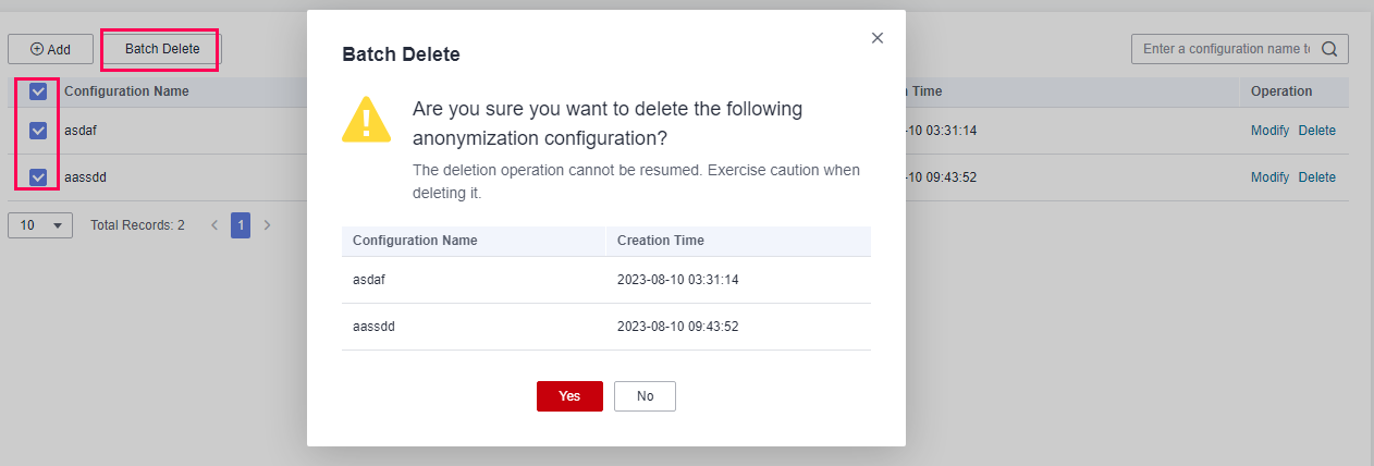 **Figure 7** Deleting configurations in batches