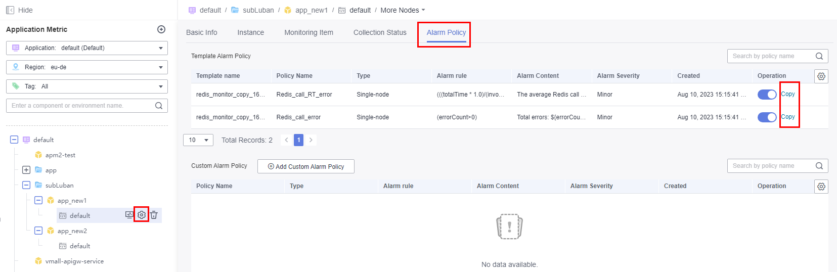 **Figure 2** Create an alarm policy based on a template