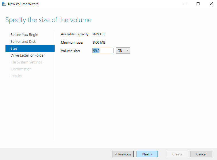 **Figure 10** Specify Volume Size (Windows 2016)