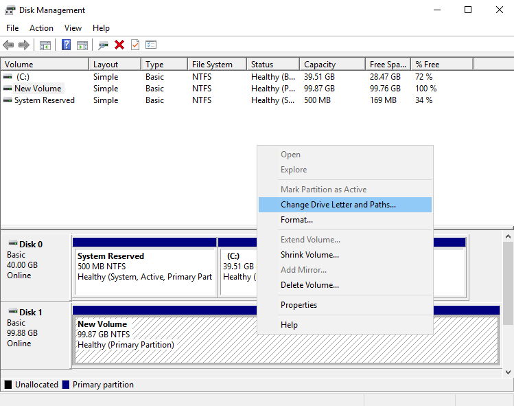 **Figure 16** Disk Management (Windows 2016)