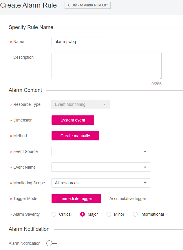 **Figure 1** Creating a alarm rule