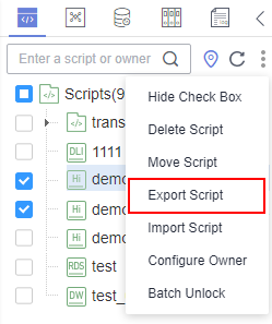 **Figure 2** Selecting and exporting scripts