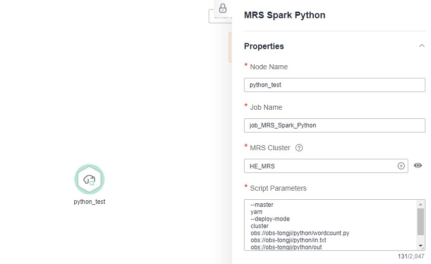 **Figure 3** Configuring properties for an MRS Spark Python node