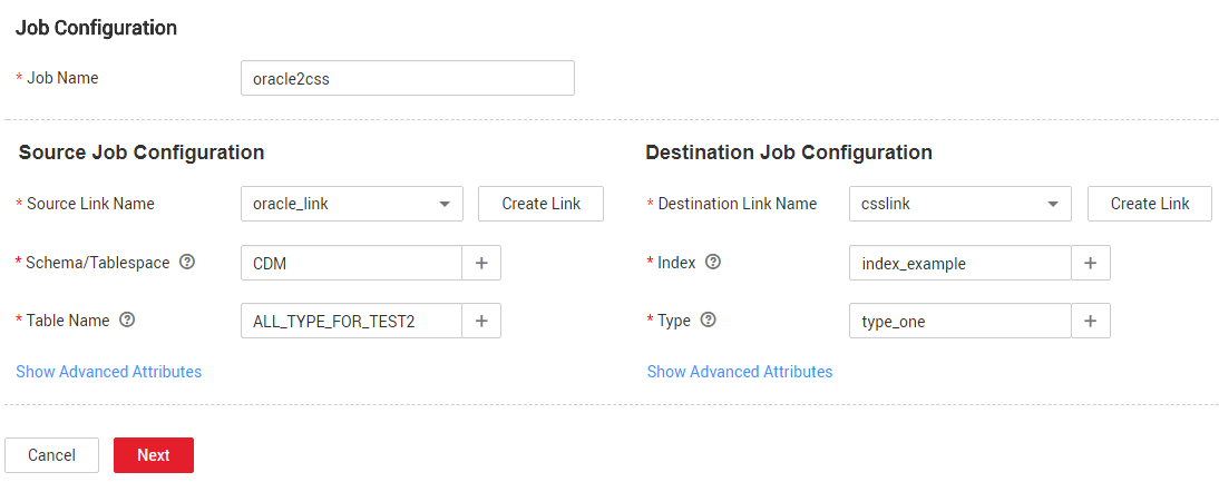 **Figure 1** Creating a job for migrating data from Oracle to Cloud Search Service