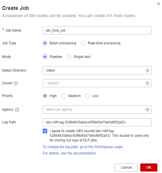 **Figure 2** Creating a job named job_hive_sql