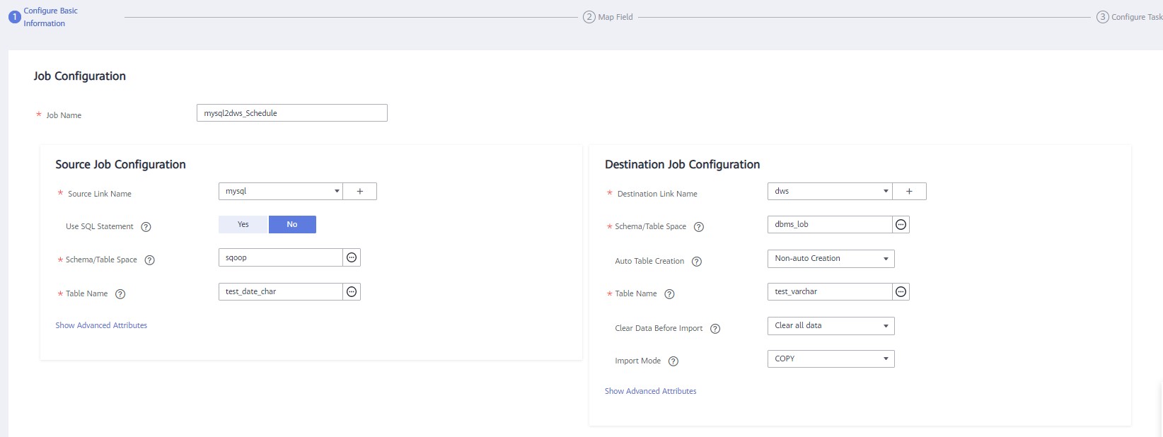 **Figure 2** Creating a job for migrating data from MySQL to DWS