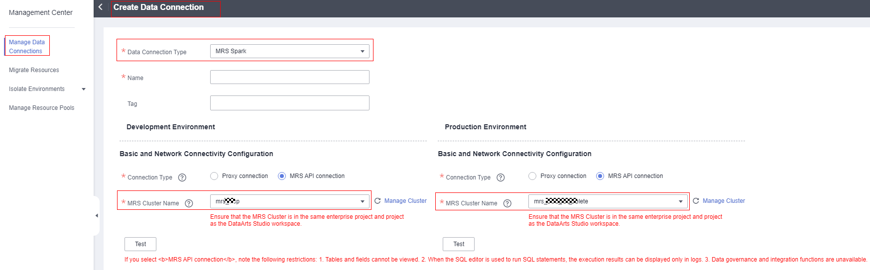 **Figure 2** Selecting different clusters during data connection creation