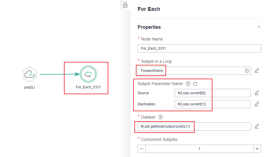 **Figure 7** Configuring properties for the For Each node