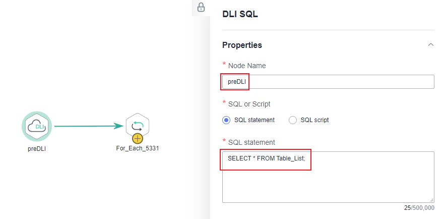 **Figure 6** DLI SQL node configuration