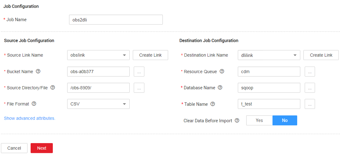**Figure 4** Creating a job for migrating data from OBS to DLI