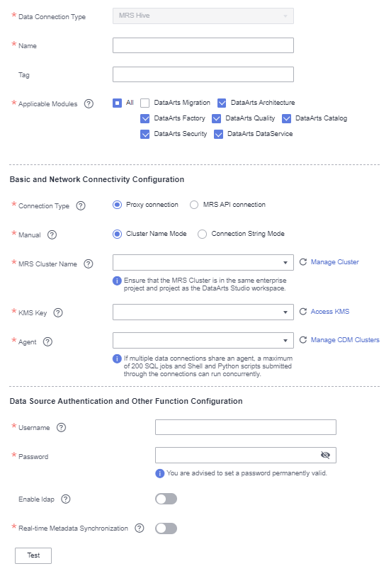 **Figure 2** MRS Hive connection parameters