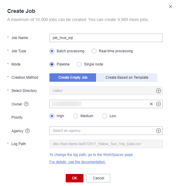 **Figure 2** Creating a job named job_hive_sql