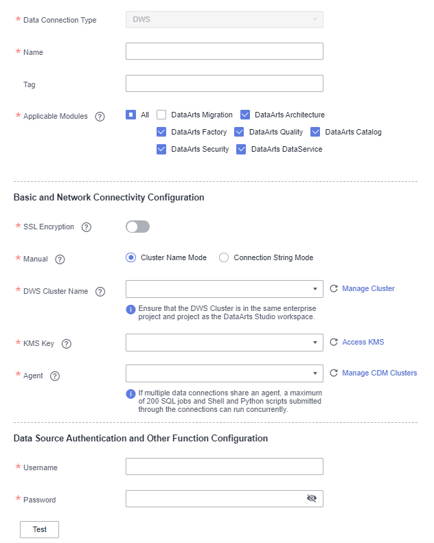 **Figure 2** DWS connection parameters