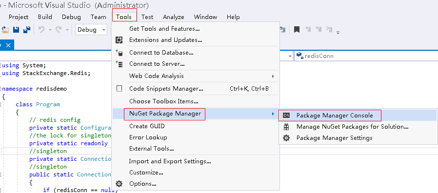 **Figure 1** Accessing the NuGet package manager console