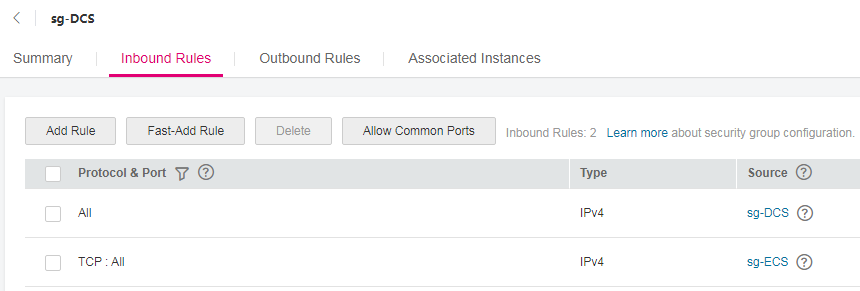 **Figure 2** Security group rules making the DCS instance accessible to the ECS