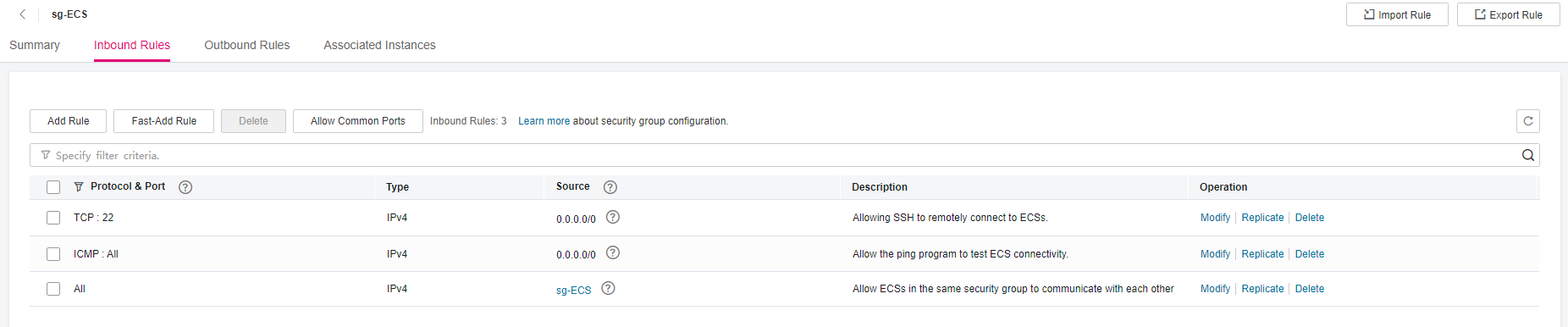 **Figure 1** ECS security group rules