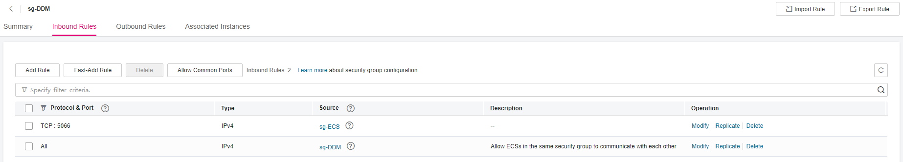 **Figure 2** Configuring security group inbound rules for your DDM instance