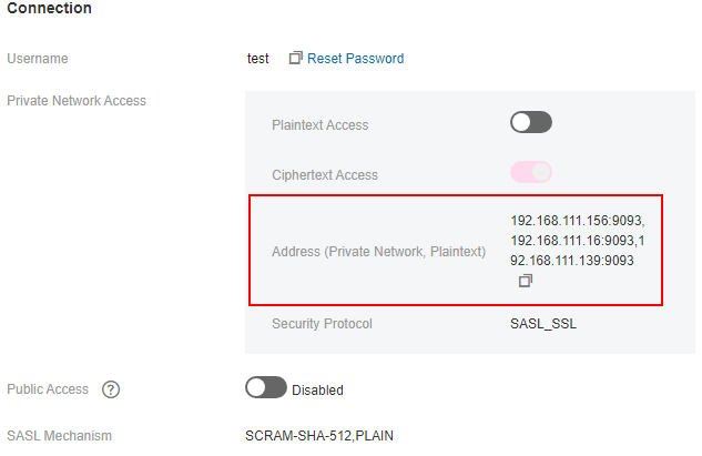 **Figure 2** Kafka instance addresses (private network) for intra-VPC access