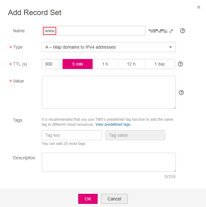 **Figure 5** Adding an A record set