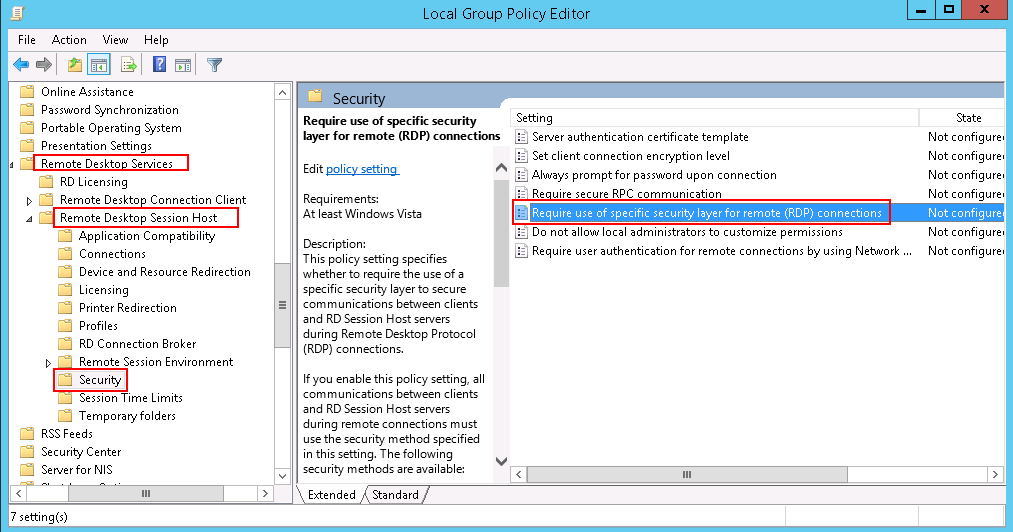 **Figure 7** Require use of specific security layer for remote (RDP) connections