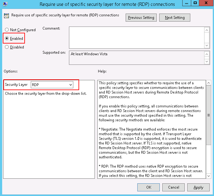 **Figure 8** Setting security layer to RDP