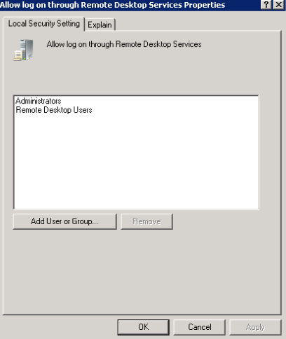 **Figure 3** Allow log on through Remote Desktop Services properties