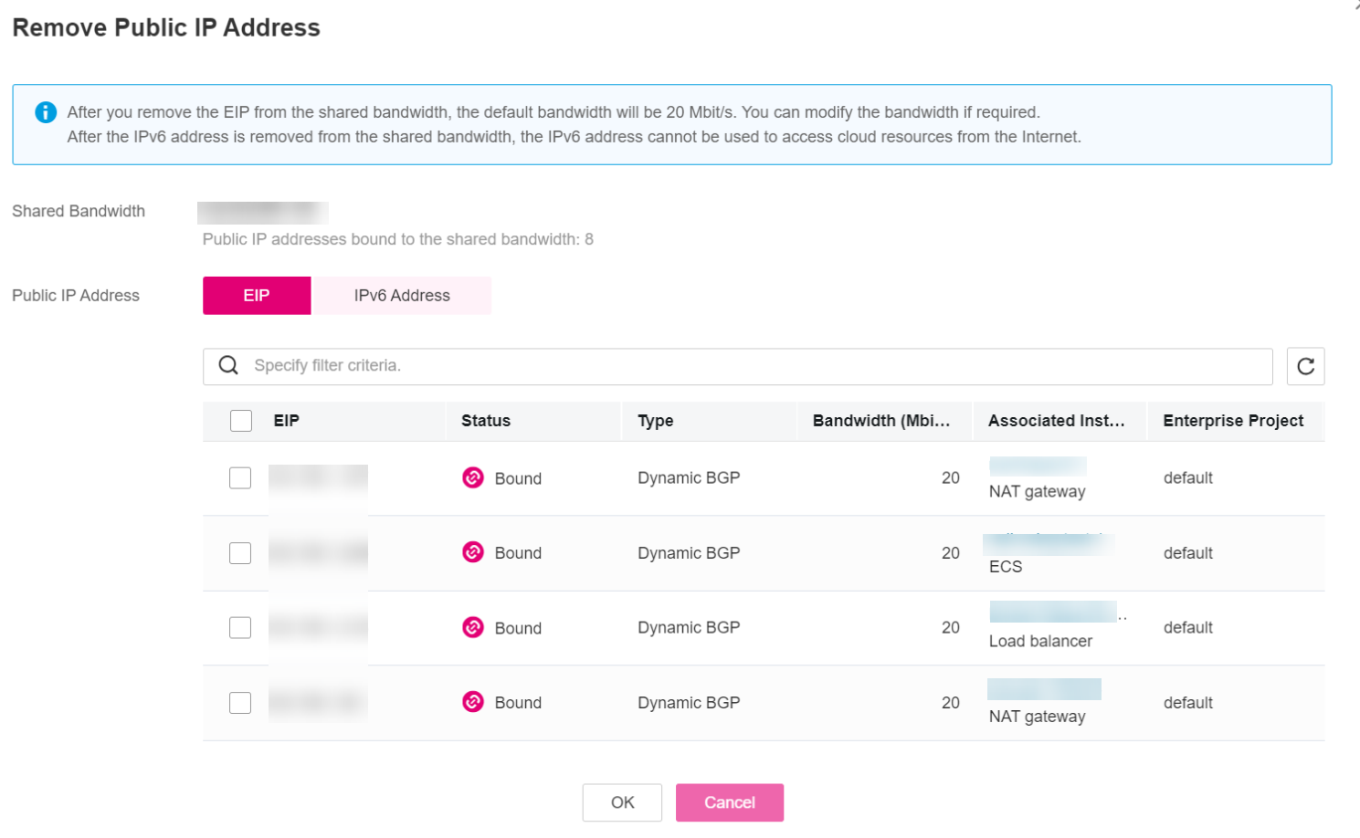 **Figure 1** Removing EIPs or IPv6 addresses