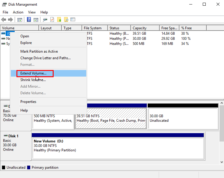 **Figure 2** Choosing Extend Volume (Windows Server 2016)