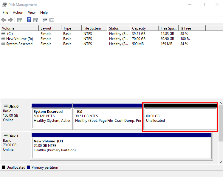 **Figure 6** Unallocated disk space (Windows Server 2016 system disk)