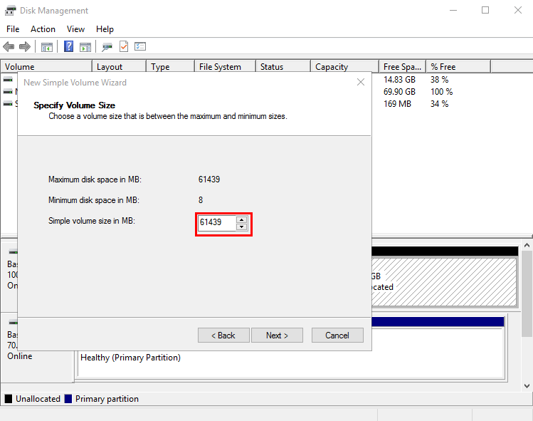 **Figure 9** Specify Volume Size (Windows Server 2016 system disk)