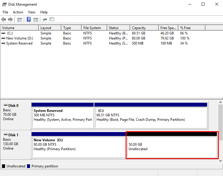 **Figure 18** Unallocated disk space (Windows Server 2016 data disk)