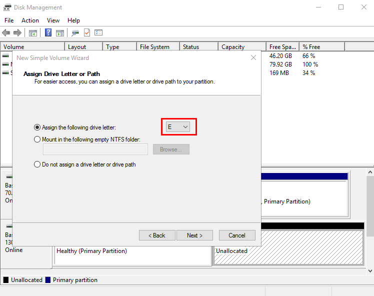 **Figure 22** Assign Drive Letter or Path (Windows Server 2016 data disk)