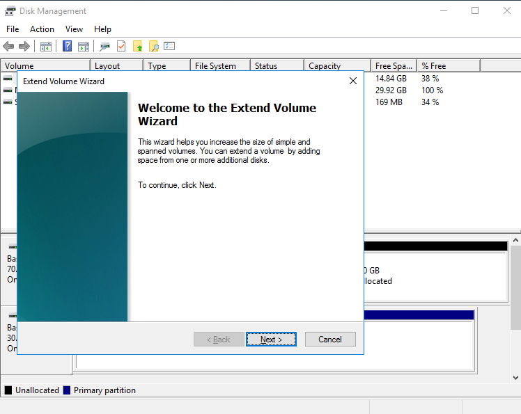 **Figure 3** Extend Volume Wizard (Windows Server 2016)