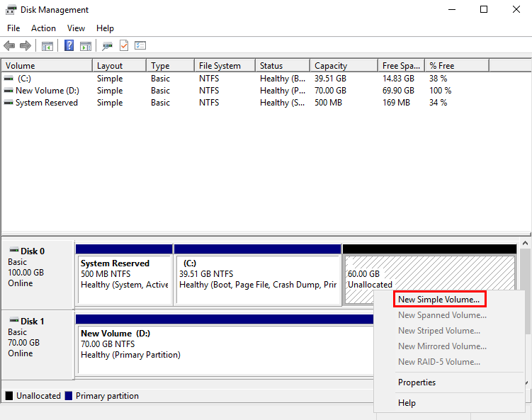 **Figure 7** New Simple Volume (Windows Server 2016 system disk)