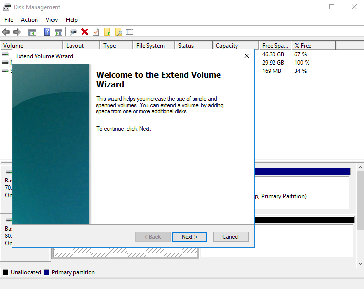 **Figure 15** Extend Volume Wizard (Windows Server 2016 operating system)