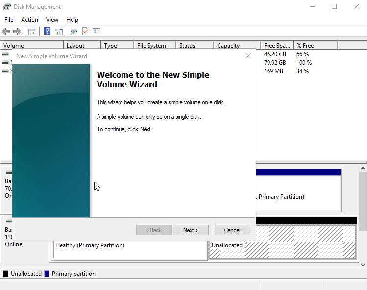 **Figure 20** New Simple Volume Wizard (Windows Server 2016 data disk)