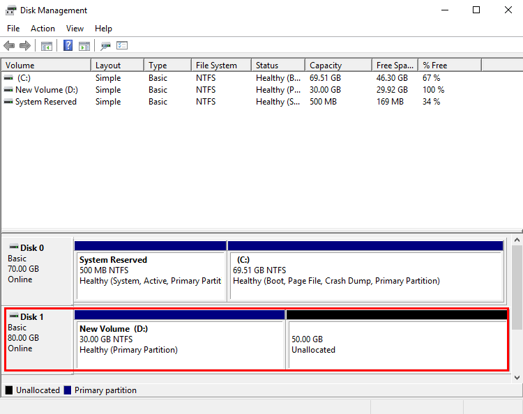 **Figure 13** Disk Management (Windows Server 2016 data disk)