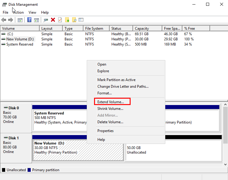 **Figure 14** Choosing Extend Volume (Windows Server 2016 operating system)