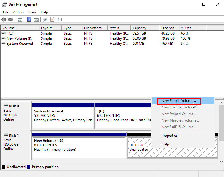 **Figure 19** New Simple Volume (Windows Server 2016 data disk)