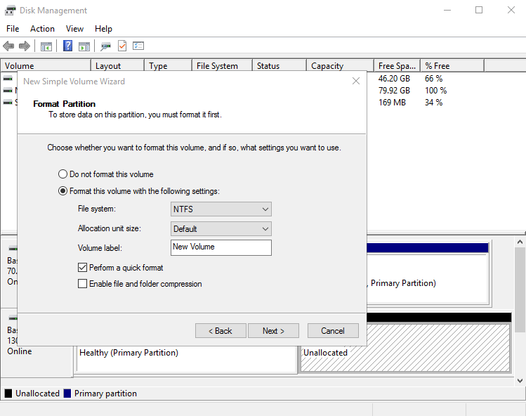 **Figure 23** Format Partition (Windows Server 2016 data disk)