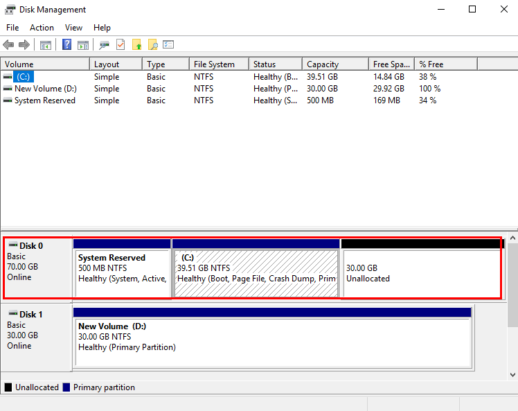 **Figure 1** Disk Management (Windows Server 2016)