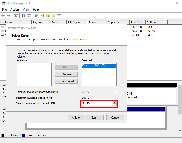 **Figure 4** Selecting space (Windows Server 2016)