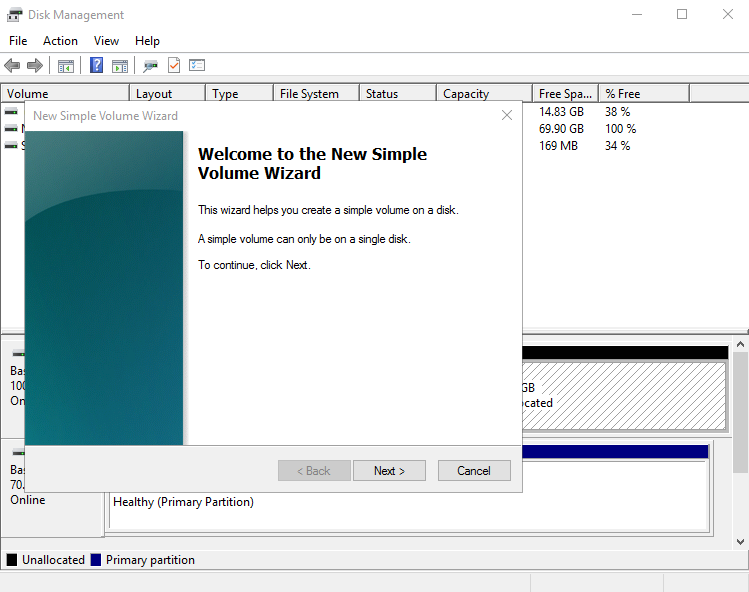 **Figure 8** New Simple Volume Wizard (Windows Server 2016 system disk)