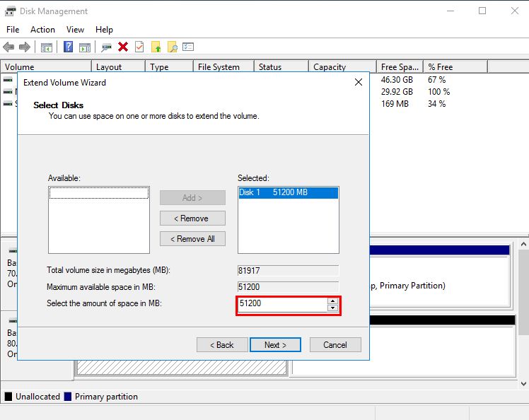 **Figure 16** Selecting space (Windows Server 2016 operating system)