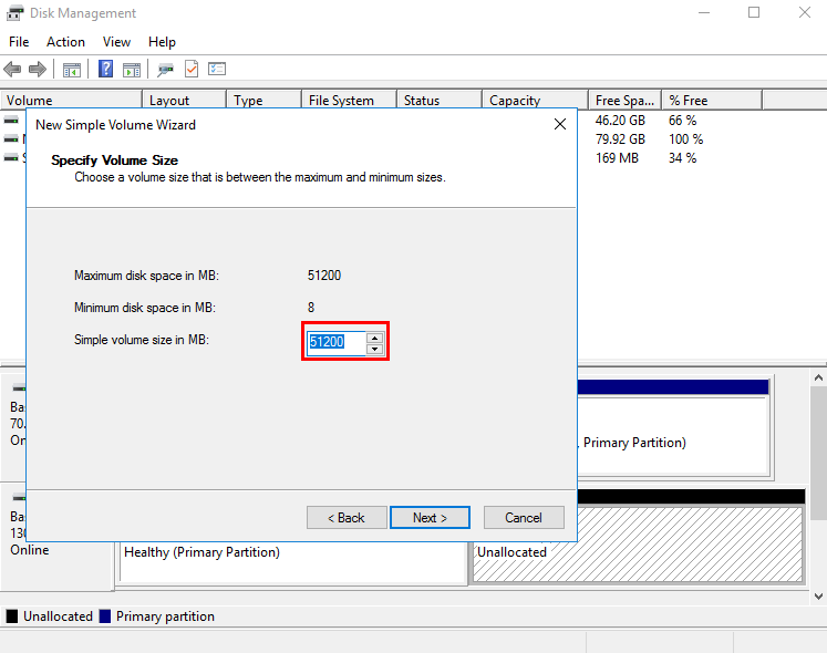 **Figure 21** Specify Volume Size (Windows Server 2016 data disk)